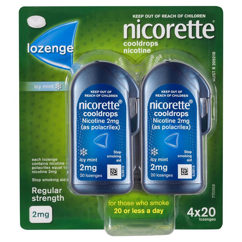 Nicorette Quit Smoking Regular Strength Cooldrops Nicotine Lozenge Icy Mint 4 x 20 Pack (Nicotine 2mg)