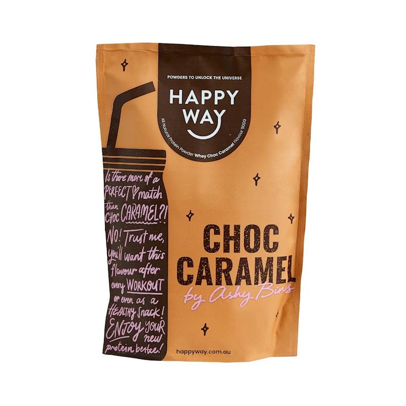 Happy Way Ashy Bines Choc Caramel Whey Protein Powder 500g