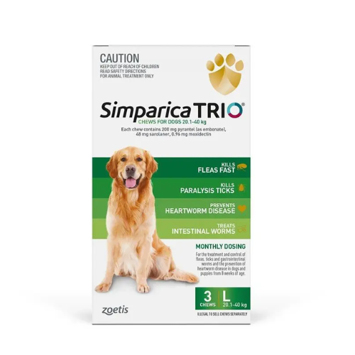 Simparica TRIO Green Flea, Tick & Worm Chews 20.1-40kg For Large Dogs.